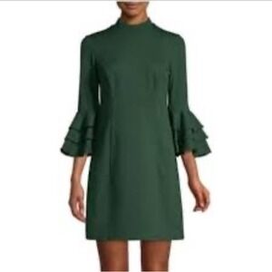Trina Turk Dress Womens Size 10 Dylan Green Tiered Ruffle Bell Sleeve Mock Neck